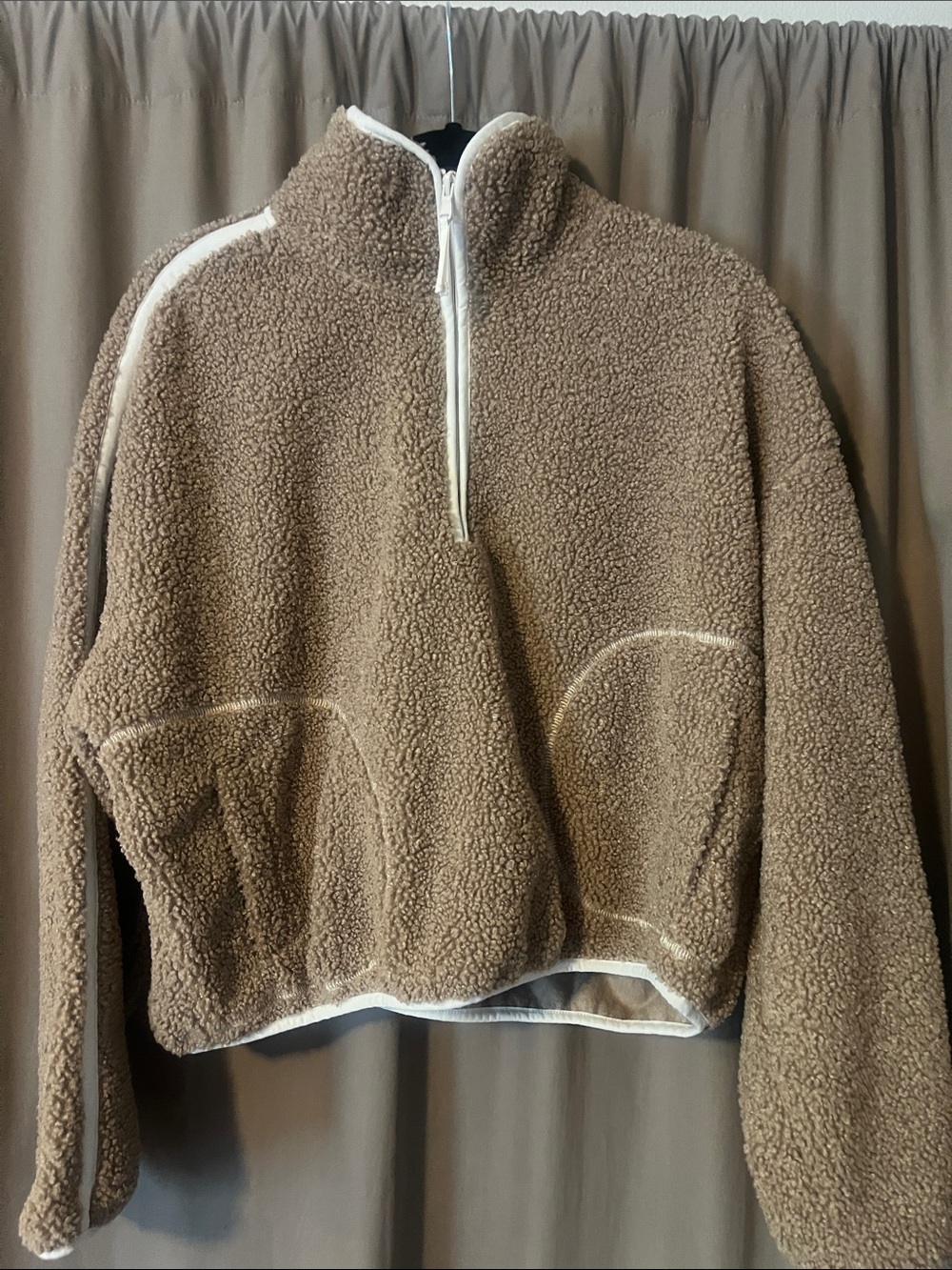 Old Navy Brown Teddy Quarter-Zip Jacket with Cream Trim